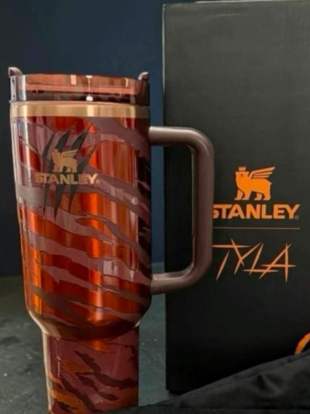 Tyla Tiger Stanley Copper & Brown Tiger-Stripe Insulated Travel Mug